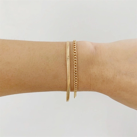 Minimalist Stainless Steel Double Layer Snake Curb Chain Bracelet For Women 14K Gold Plated Stackable Fashion Hand Jewelry Gift