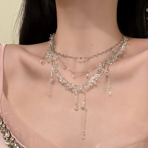 Collier À Pampilles Multicouche Élégant Avec Perles En Résine Fleurie Et Chaîne En Lega Bijou Doux Pour Femmes