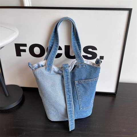 Damen Denim Patchwork Eimertasche Retro Kontrastnähte Tragetasche Mit Außentasche Lässige Schulter Umhängetasche