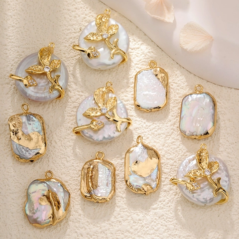Baroque Freshwater Pearl Flower Pendant For DIY Jewelry Making Copper Gold Plated Irregular Pearl Charm For Necklaces Earrings Elegant Fashion Accessories Gift