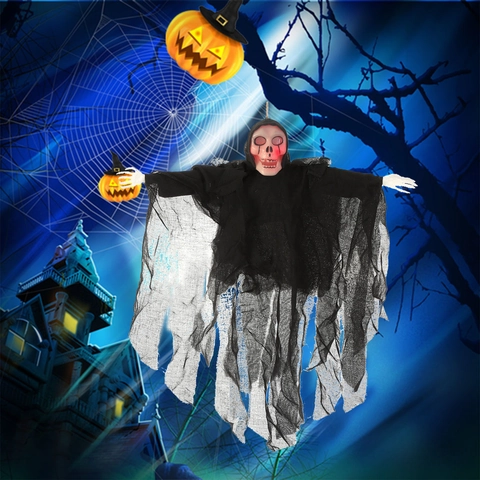 Halloween Decoración Fantasma Colgante Luz Sonido Brazo Animado Esqueleto Segador para Fiesta Casa Embrujada Bar Hogar