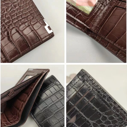 Portefeuille Homme Motif Crocodile Cuir PU Porte Cartes Avec Poche Zippée Affaires Mode Bourse Courte Coin Métal