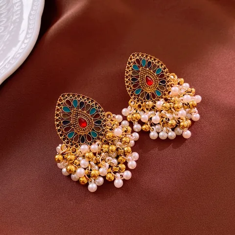 Vintage Ethnic Jhumka Drop Earrings Alloy Enamel Rhinestone With Faux Artificial Pearl Tassel And Steel Earring Post Bohemian
