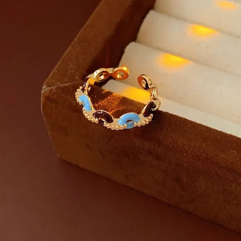 Adjustable Copper Ring For Women With Zircon Enamel Geometric Circle Vintage Bohemian Fashion Finger Jewelry