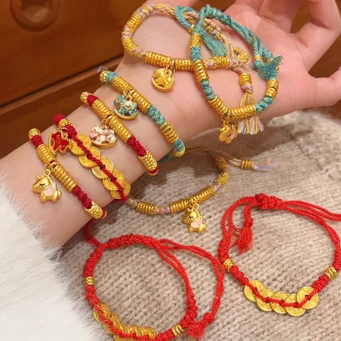 Hand Woven Red String Bracelet Alloy Enamel Horse Elephant Charm Lucky Traditional Chinese Style Jewelry For Women