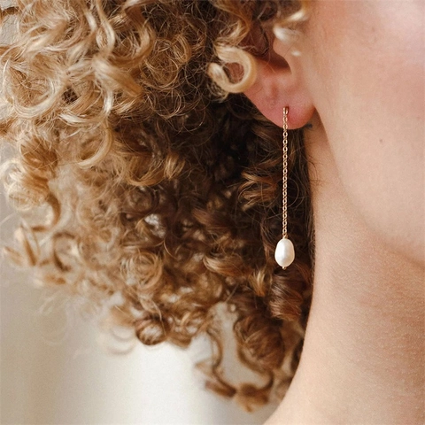 Orecchini Lunghi A Catena Con Perla de Agua Dulce Barocca D'acqua Dolce Acciaio Inossidabile Gioielli Eleganti Minimalisti Da Donna