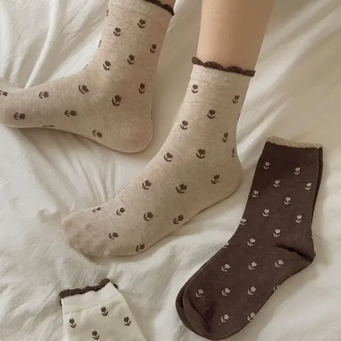 Women Crew Socks Combed Cotton Tulip Floral Dot Print Ruffle Cuff Vintage Retro Japanese Style Breathable Mid Calf