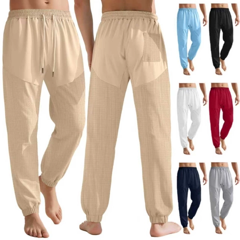 Pantalones De Jogging Para Hombre Ligeros Aspecto Lino Textura De Rejilla Cordón Cintura Elástica Casual Verano