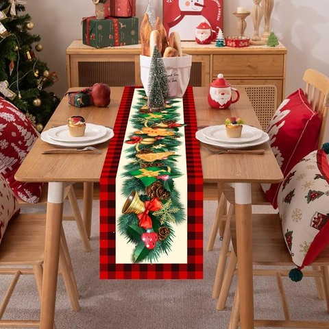 Christmas Table Runner Buffalo Plaid Polyester Holiday Dining Room Decor Gingerbread Man Poinsettia Floral Pattern