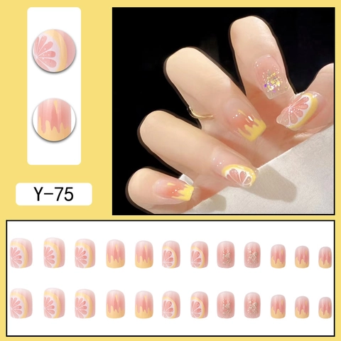 Faux Ongles Citron Fruit D'Été Brillant Dégradé Jaune Rose Paillettes Style Doux Court Carré Rond