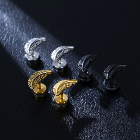 Punk Alloy Feather Stud Earrings Minimalist Vintage Metal Leaf Ear Bone Nail Unisex Jewelry For Daily Wear Party Access