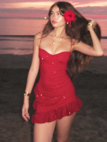 Mini Robe Rouge À Paillettes Fines Bretelles Ourlet À Volants Coupe Ajustée Sexy Fête Boîte De Nuit Cocktail Sans Manches