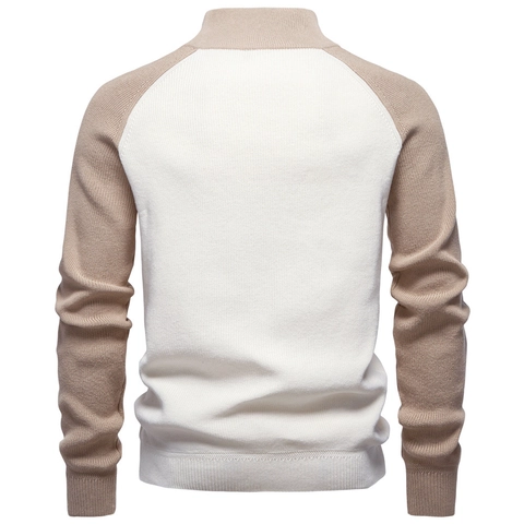Heren Gebreide Trui Met Halve Rits Opstaande Kraag Raglanmouwen Patchwork Katoenmix Casual Business Top