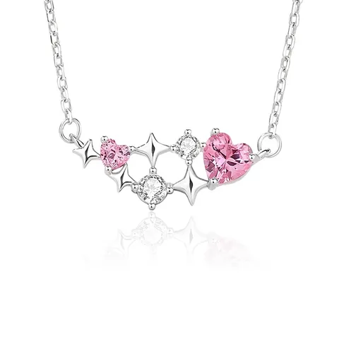 Pink Heart Cubic Zirconia Star Pendant Necklace 925 Sterling Silver Dainty Clavicle Chain For Women Girls Romantic Gift
