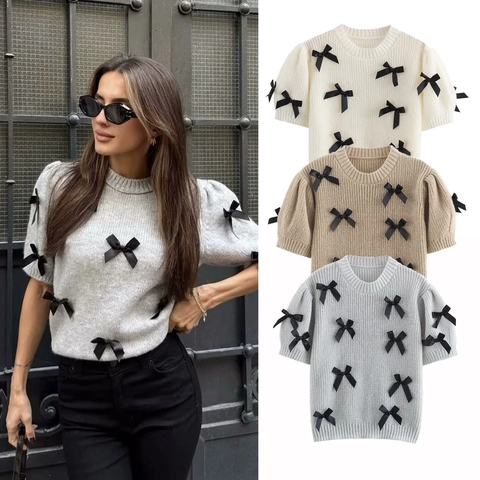 Haut En Tricot À Manches Courtes Pour Femmes Col Rond Manches Bouffantes Pull Ajusté Avec Décoration De Nœuds Noirs