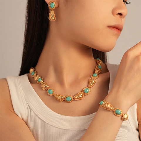 Collar De Clavícula Geométrico Vintage Triángulo Aleación Textura Concha Piedra Turquesa Artificial Joyería Boho Mujeres