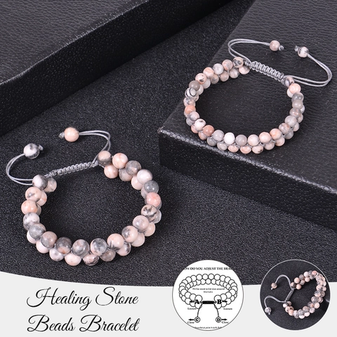 Natural Pink Zebra Stone Beaded Bracelet Layered Handmade Braided Rope Adjustable Healing Gemstone Jewelry Women Men