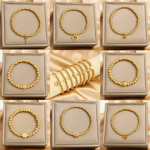 Bracciale Perline Acciaio Inossidabile Placcato Oro Con Ciondoli Cuore Croce Sorriso Elastico Estensibile Gioielli Uomo Donna