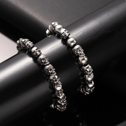 Retro Punk Skull Beaded Bracelet Alloy Goth Dark Style For Men Women Hand Jewelry