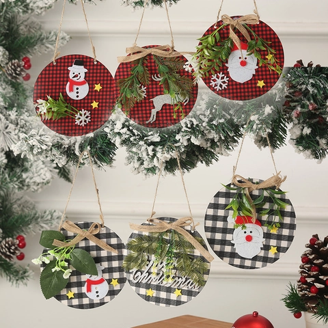 Christmas Wooden Plaid Round Door Sign Santa Snowman Reindeer Pattern Wall Hanging Ornament For Home Party Decor Merry Christmas Plaque