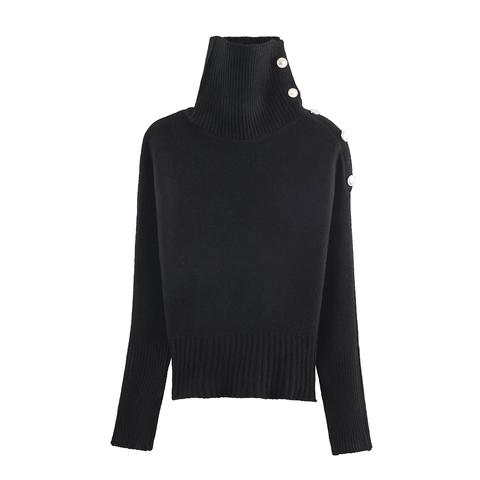 Dames Gebreide Trui Met Col Lange Mouwen Schouderknopen Ribgebreide Pullover Elegant Casual