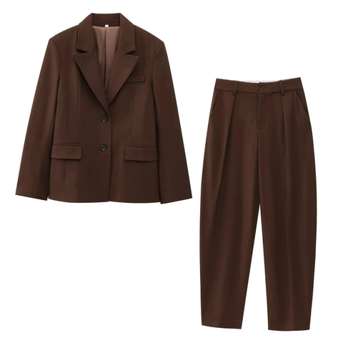 Women Blazer Wide Leg Pants And Mini Skirt Suit Dark Brown Polyester Casual Professional Streetwear Office Wear