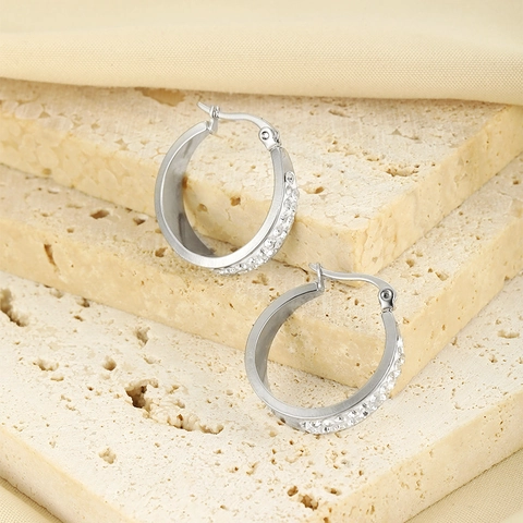 Minimalistische Edelstahl Zweireihige Strass Hoop Ohrringe Für Damen Mode Silber Rund Geometrisch Ohrringe Schmuck