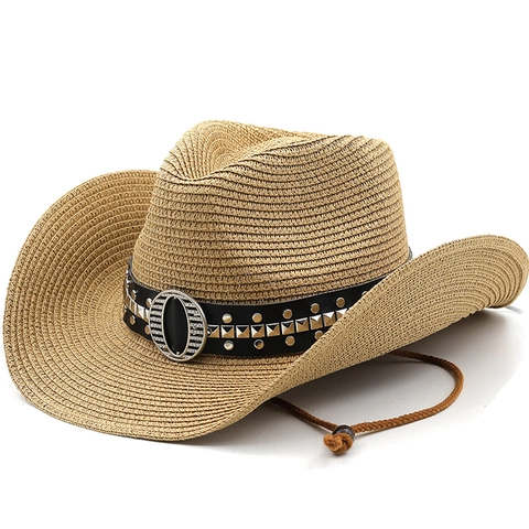 Western Straw Cowboy Hat Wide Brim Sun Protection Beach Summer Outdoor Hat With Rivet Decorative Band And Wind Lanyard