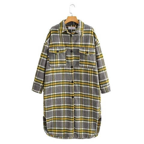 Damen Lang Karo Hemdjacke Wollmischung Lockere Passform Langarm Brusttaschen Lässiger Hemdmantel Oberbekleidung
