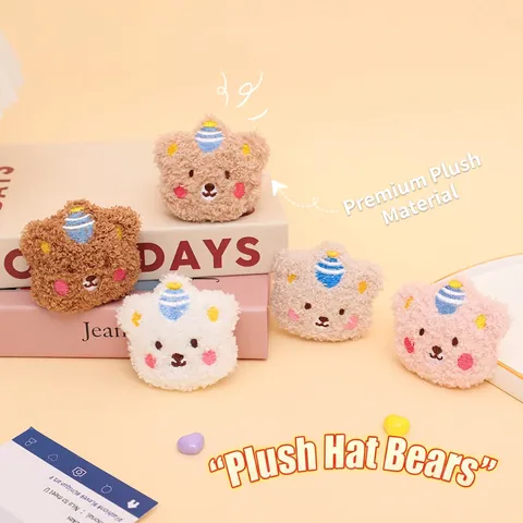 Cute Curly Plush Bear Head Keychain Pendant With Striped Hat Embroidery Bag Charm Ornament Soft Cartoon Animal Accessory