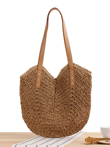 Damen Gewebte Schultertasche Papierschnur Hollow Tote Mit PU Lederriemen Lässige Strand Urlaub Stil Große Kapazität