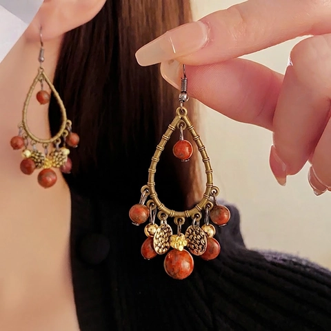 Bohemian Water Drop Dangle Earrings Vintage Ethnic Alloy Natural Stone Red Bead Tassel Jewelry For Women