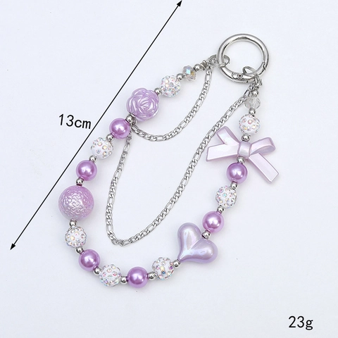 Acrylic Bow Heart Beaded Keychain Double Chain Artificial Pearl Rhinestone Ball Bag Charm Phone Lanyard For Women Accessories
