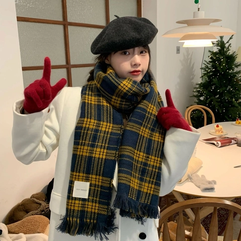 Écharpe À Carreaux D'hiver Pour Femmes Vintage Acrylique Chaud Châle À Franges Rétro Style Coréen Noël Gland Doux