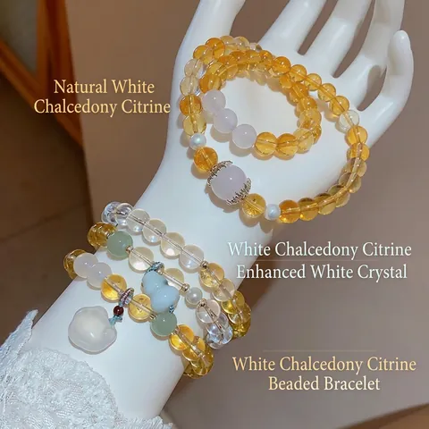 Bracciale Perline Calcedonio Bianco Naturale Topazio Giallo Cristallo Bianco Perla Artificial Rame Elegante Stile Cinese Da Donna