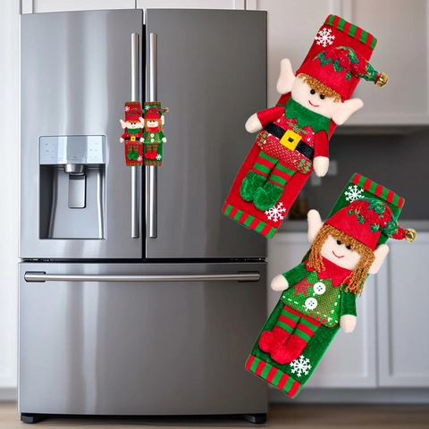 Christmas Elf Fridge Handle Covers Plush Fabric Kitchen Appliance Door Protector Red Green Holiday Home Decor