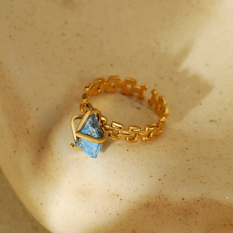 Anillo Abierto Ajustable de Acero Inoxidable Vintage para Mujer Chapado en Oro Cadena Hueca Geométrica Joyería de Piedra Natural