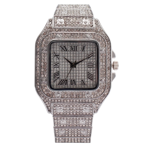 Orologio Al Quarzo Quadrato Iced Out Strass Completamente Incastonati Numeri Romani Cinturino In Metallo Hip Hop Lusso Per Uomini