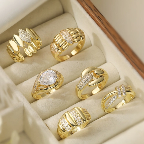 Anillo Ajustable Geométrico Cobre Chapado En Oro 18K Circonita Nudo Forma De Pera Joyería Moda Minimalista Mujer