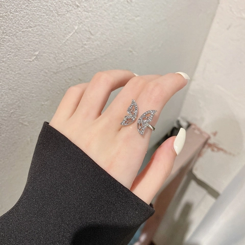 Vlinder Open Ring Koper Met Zirkonia Pavé Holle Vleugel Verstelbare Vingerring Exquise Mode Sieraden Voor Vrouwen