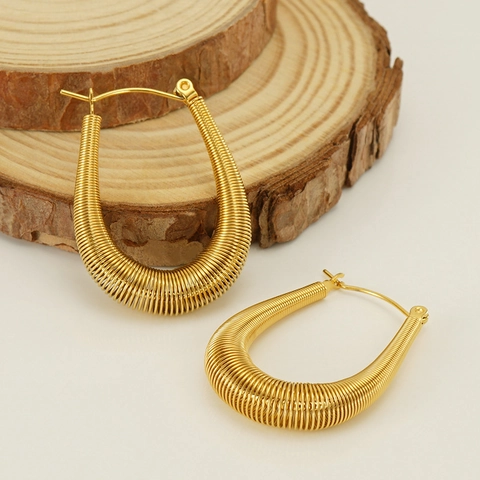 U-Shaped Hoop Earrings For Women Stainless Steel 18K Gold Plated Spiral Winding Texture Fashion Minimalist Jewelry