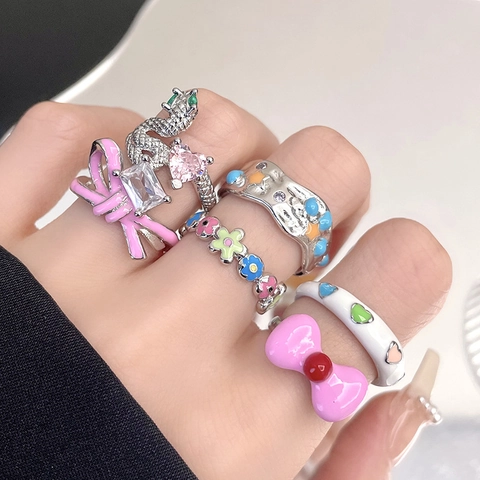 Verstellbarer Offener Ring Emaille Tropföl Bogen Schlange Herz Blume Kupfer Schmuck Für Frauen Süß Cool Ins Stil