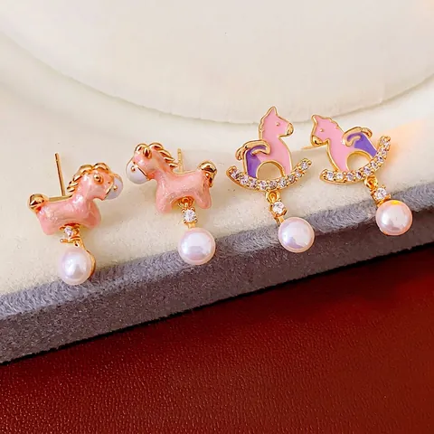 Rocking Horse Artificial Pearl Dangle Earrings Alloy Zircon Pink Purple Enamel With Silver Earring Post Delicate Jewelry For Women