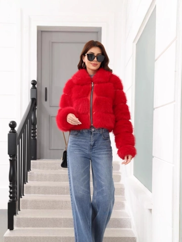 Women Faux Fox Fur Jacket Zip Up Cropped Coat Warm Winter Outerwear Lapel Long Sleeve Paneled Elegant Style