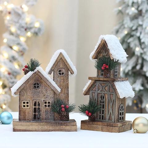 Vintage Gecarboniseerd Houten Kersthuis LED Warm Licht Besneeuwd Dak Decoratie Kerst Ornamenten Dennennaald Hut