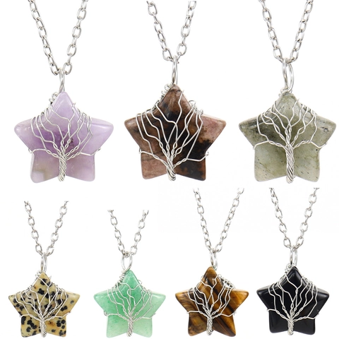 Tree Of Life Wire Wrapped Pendant Necklace Star Natural Stone Healing Crystal Jewelry For Women Handmade