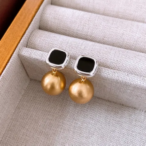 Pendientes De Gota Cuadrados Con Poste De Plata De Ley 925 Bola Oro Mate Perla Artificial Cepillada Cobre Acetato Joyas Retro Francesas