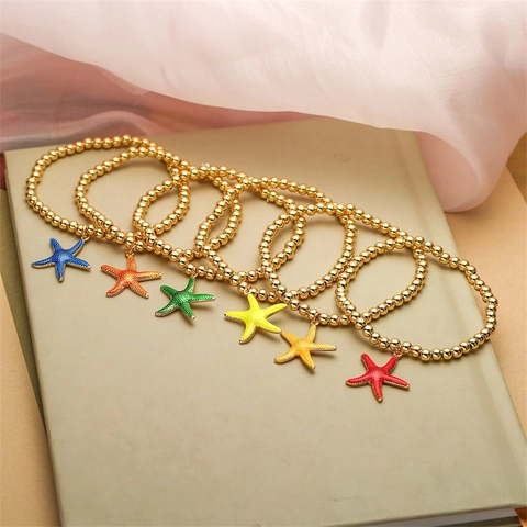 Fashion Ocean Beach Starfish Pendant Bracelet Gold Plated Copper Bead Chain Zirconia Enamel Star Jewelry For Women Travel Gift