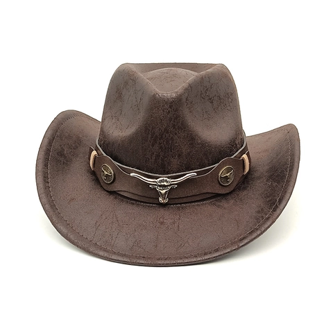 Vintage Western Cowboy Hat Faux Leather Polyester Wide Brim Fedora With Metal Bullhead Belt For Men Women Solid Color