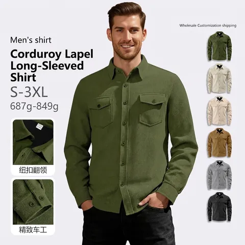 Herren Freizeit Hemd Cord Langarm Doppel Taschen Einfarbig Knöpfe Reverskragen Workwear Stylisches Oberteil